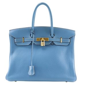 二手爱马仕 Birkin 35 手提包，Taurillon Clemence 蓝色牛仔布，2003 年款，浅蓝色，G 字样，配 A5 肩带。
