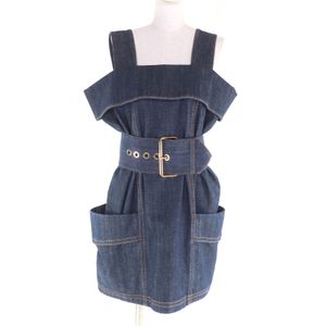 Excellent condition LOUIS VUITTON Monogram logo buckle denim dress with belt, indigo, size 34, authentic, made in Italy, for women.