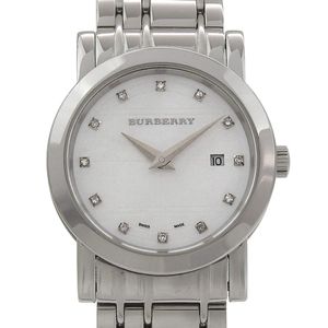 二手 Burberry Heritage 手表，型号 BU1370，镶嵌 12 颗钻石，不锈钢表壳，银色石英机芯，模拟显示，白色表盘，女士款。