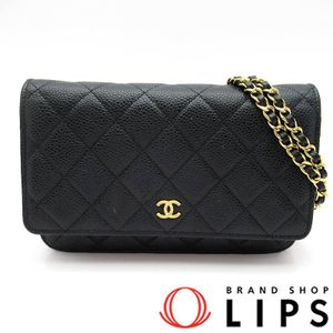 二手香奈兒 Matelasse 鏈條錢包 AP0250，魚子醬紋皮革，黑色。