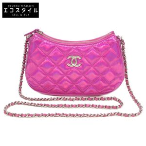 二手香奈兒 AP3691 24C 粉紅幻彩鏡面山羊皮迷你肩包，配銀色五金與鏈條肩帶/手拿包