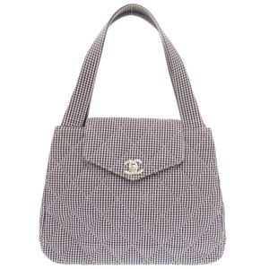 二手香奈兒 Coco Mark 格紋帆布手提包，4 號，銀色五金，藍色，1398
