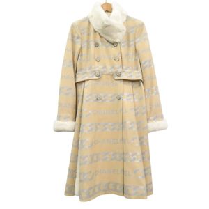 Excellent condition Chanel fur-trimmed logo chain pattern long coat, silk and wool, beige, 1355 [Pre-owned] CHANEL