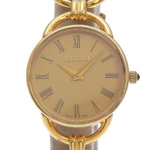 二手 Gucci 6000.2.L 女士手表，镀金皮革表带，石英机芯，模拟显示，金色表盘。