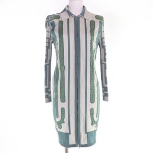 Excellent condition HERMES 2022AW 2H2837D5 100% silk twill rail long-sleeved knit dress, green/gray, size 42, made in Italy, women's