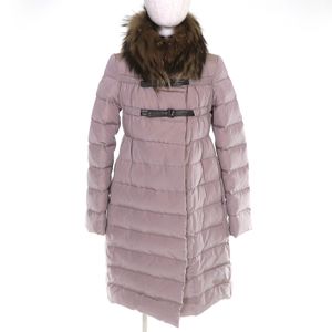 Excellent condition MONCLER LEMMING raccoon fur and leather belt long down coat, pink, size 00, authentic, women's