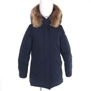 Excellent condition Pyrenex Bordeaux Fur raccoon fur hooded double-zip down jacket in navy, size 38, authentic, women's. Features a logo patch and a hood.