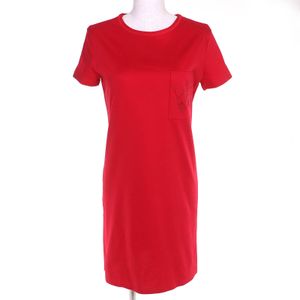 Excellent condition △HERMES 100% cotton crew neck short sleeve dress with pocket embroidery, RED 34, made in France, simple design◎