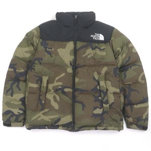 Excellent condition THE NORTH FACE Novelty Nuptse Jacket ND91842, nylon down jacket with camouflage print, hood, and pocketable hood. Khaki, size L. Authentic. Men's.