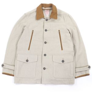 Excellent condition NICENESS LORAN Herringbone Hunting Jacket (SS25 NN-0201B15) in beige with leather accents. Made in Japan. Size M.