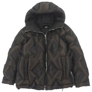 Excellent condition ▼ FENDI 2023 FAA911 FF logo embossed hooded double zip-up down jacket, dark Braun 50, authentic, made in Italy, men's