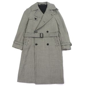 Unused TAGLIATORE 100% wool houndstooth pattern long trench coat with leather accents and belt, black, size 48, made in Italy.