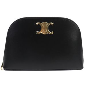 全新未使用CELINE Triomphe 拉鍊手拿包 (10N073GEZ)，黑色小牛皮材質，金色五金配件，附原廠盒裝和防塵袋。義大利製造。強烈推薦。