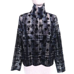 成色極佳 △ Y's YM-T20-676 千鳥格波點植絨長袖高領上衣 海軍藍/黑色 2碼 日本製造 正品 女士推薦◎