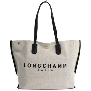 成色極佳：Longchamp ROSEAU ESSENTIA帆布和皮革購物手提包，米色和黑色。法國製造。女士款。