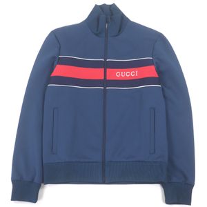 全新GUCCI 787872 氯丁橡膠Logo織帶條紋拉鍊運動外套，海軍藍，小號，義大利製造，正品，男款