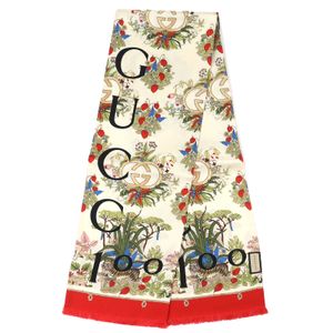 全新未使用 GUCCI 百年紀念式真絲雙G標誌花卉迷你流蘇絲巾 (692033)，象牙RED，帶原裝盒，意大利​​製造，正品，推薦女士佩戴