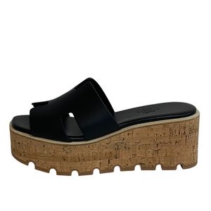HERMES Eze Cork Wedge Sandals, Size 23.5 (221026Z), Platform Sandals with H-Motif and H-Cut Detail, Black