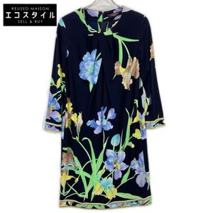 Leonard 0190217 Dark Navy x Multicolor Acetate Blend Floral Print Long Sleeve Dress, Size 42 (Pre-owned)