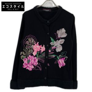 Leonard 0367571 Black Cashmere and Silk Flower Embroidered Rhinestone Knit Cardigan, Size 42 (Pre-owned)
