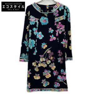 Leonard 0120219 Black and Multicolor Acetate Blend Floral Back-Zip Long Sleeve Dress, Size 38 (Pre-owned)