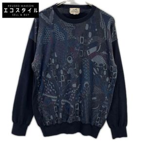 Hermès [Domestic Authentic] All-Over Print 100% Cashmere Crew Neck Knit Sweater, Size L [Pre-owned]