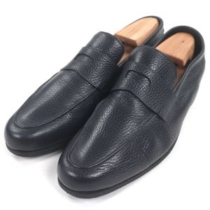 Excellent condition: John Lobb THORNE U-tip penny loafer slip-on leather shoes in dark navy, size 5.5, made in Italy.
