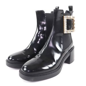 Excellent condition★ROGER VIVIER Viv Ranger Leather Chelsea Boots with Strass Buckle, Black, Size 37, Made in Italy, Women's, Original Price ¥297,000