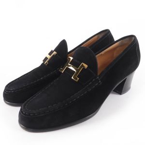 Excellent condition☆HERMES Vintage Constance Suede Leather Loafers with Gold Hardware (H-shaped clasp), Black, Size 37, Made in Italy, Women's