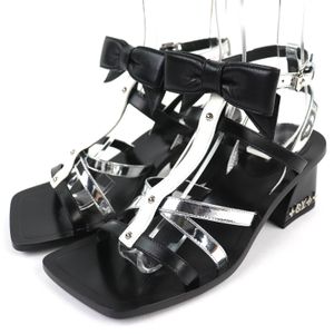 Excellent condition △ LOUIS VUITTON Louis Vuitton Leather RIBON Strap Square Toe Monogram Heel Sandals Black Silver White Size 36 Made in Italy Women's