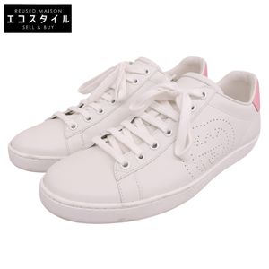 Gucci Interlocking G Leather Sneakers, Women's, White x Pink, Size 38 1/2 (598527), Excellent Condition, 38.5cm [Pre-owned]