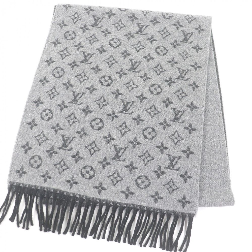 全新 □LOUIS VUITTON2021年 M75900 Monogram 漸層羊絨羊毛流蘇圍巾 灰色/黑色 義大利製 正品 男士