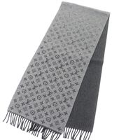 全新 □LOUIS VUITTON2021年 M75900 Monogram 漸層羊絨羊毛流蘇圍巾 灰色/黑色 義大利製 正品 男士