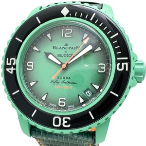 Swatch/스워치 SO35I100 블랑팡 콜라보 피프티파좀무스 인디안 오션 뒤 스켈레톤 보증서/갤러/상자 첨부 손목시계/가죽/바이오세라믹 자동 감기/오토마 그린 문자판/그린 레더 벨트 맨즈[중고]