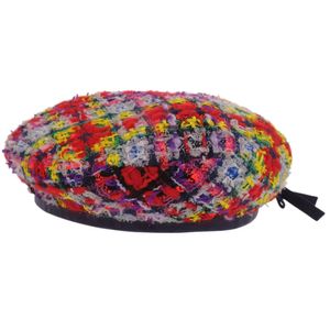 Excellent condition Gucci tweed check pattern RIBON GG logo beret 729140 3HAQ9 L size 58cm Polyester Wool Nylon Purple RED Red Color Hat 1716 [Used] GUCCI