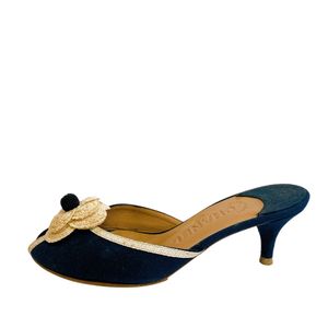 [Pre-owned] CHANEL mules, size 22.5, with camellia and Coco Mark design, black.