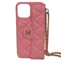 CHANEL Matelassé iPhone 13 Pro Max Case, CC Mark, Quilted, Snap Button, Chain Shoulder Strap, Gold, Series 30s, Coco Mark, Lambskin, Pink, Smartphone Case AP2688