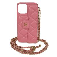 CHANEL Matelassé iPhone 13 Pro Max Case, CC Mark, Quilted, Snap Button, Chain Shoulder Strap, Gold, Series 30s, Coco Mark, Lambskin, Pink, Smartphone Case AP2688