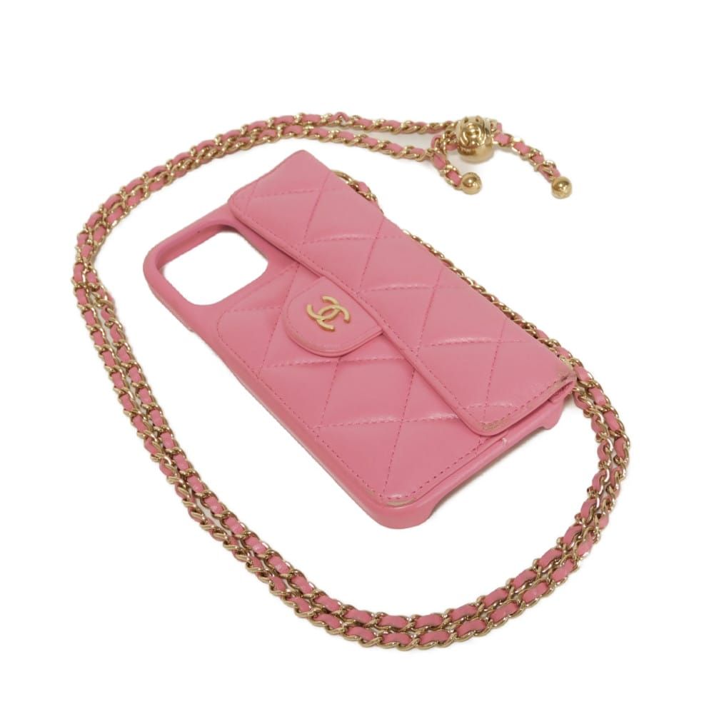 CHANEL Matelassé iPhone 13 Pro Max Case, CC Mark, Quilted, Snap Button, Chain Shoulder Strap, Gold, Series 30s, Coco Mark, Lambskin, Pink, Smartphone Case AP2688