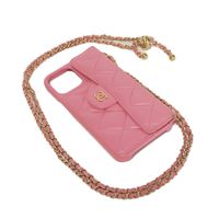 CHANEL Matelassé iPhone 13 Pro Max Case, CC Mark, Quilted, Snap Button, Chain Shoulder Strap, Gold, Series 30s, Coco Mark, Lambskin, Pink, Smartphone Case AP2688