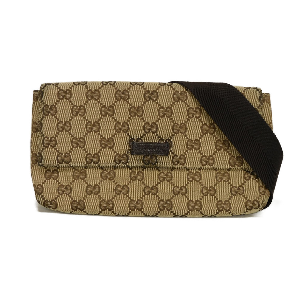 GUCCI GG帆布腰包，小牛皮ブラウン腰包/肩包，飾有品牌標誌壓紋，米色斜揹包，146304