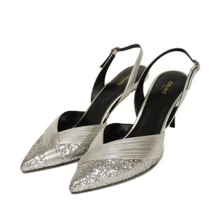 CELINE Glitter Heel Sandals, Size 37, Sequins, Glitter, Black, 24cm, New Logo, Silver Pumps