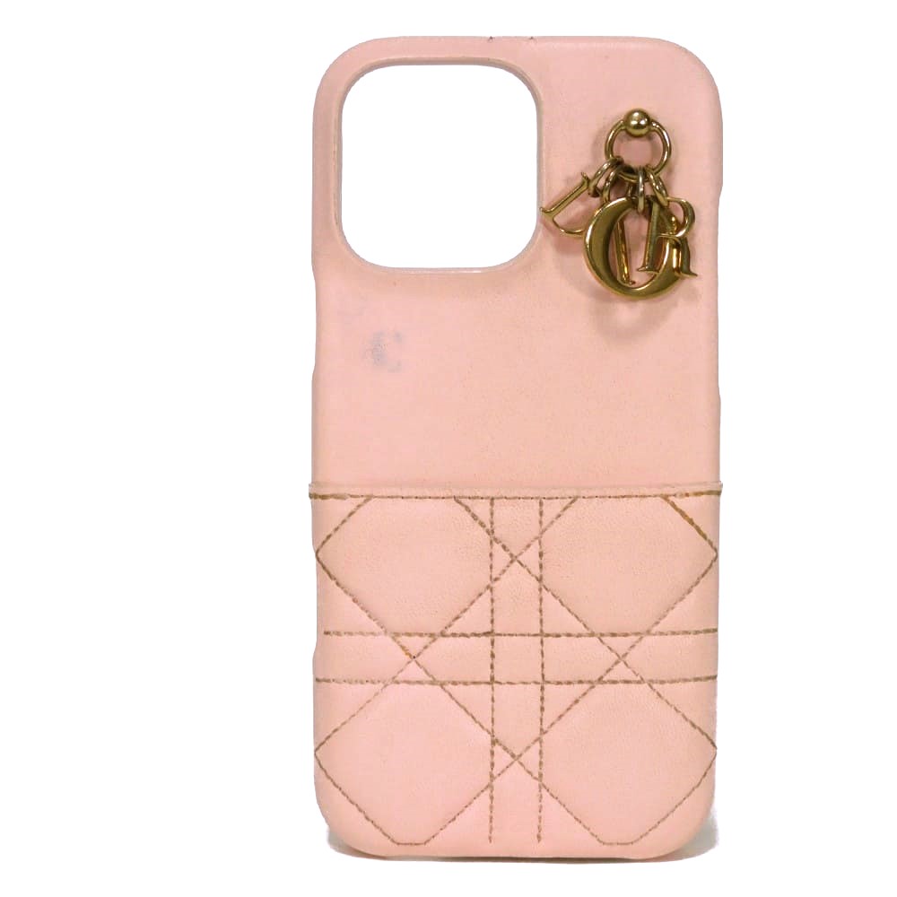 Dior Lady Dior iPhone 16 Pro Max 手机壳，粉色，带品牌标志吊饰和缝
