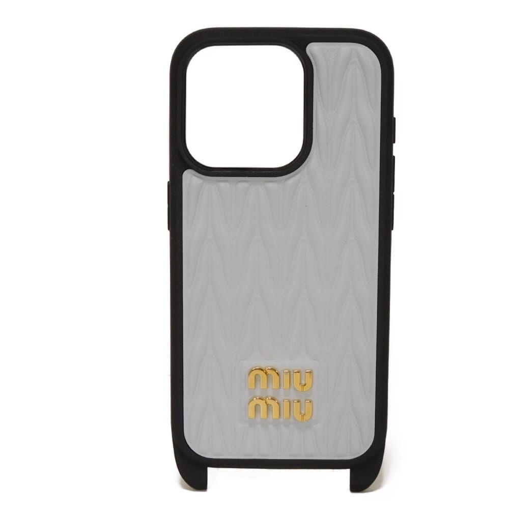 MIUMIU Matelassé iPhone 15 Pro Case, Nappa Leather, Pastel Blue, Strap, Metal Logo, Fiordariso Smartphone Case, 5ZH185 2FPP F0591