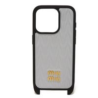MIUMIU Matelassé iPhone 15 Pro Case, Nappa Leather, Pastel Blue, Strap, Metal Logo, Fiordariso Smartphone Case, 5ZH185 2FPP F0591