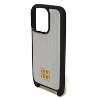 MIUMIU Matelassé iPhone 15 Pro Case, Nappa Leather, Pastel Blue, Strap, Metal Logo, Fiordariso Smartphone Case, 5ZH185 2FPP F0591