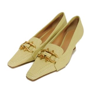 Pre-owned Bottega Veneta Madame pumps, size 36 1/2, calfskin, Teju print, square toe, pastel yellow, 23.5cm, unused, horsebit detail, vanilla color, 592037 VA460 9404