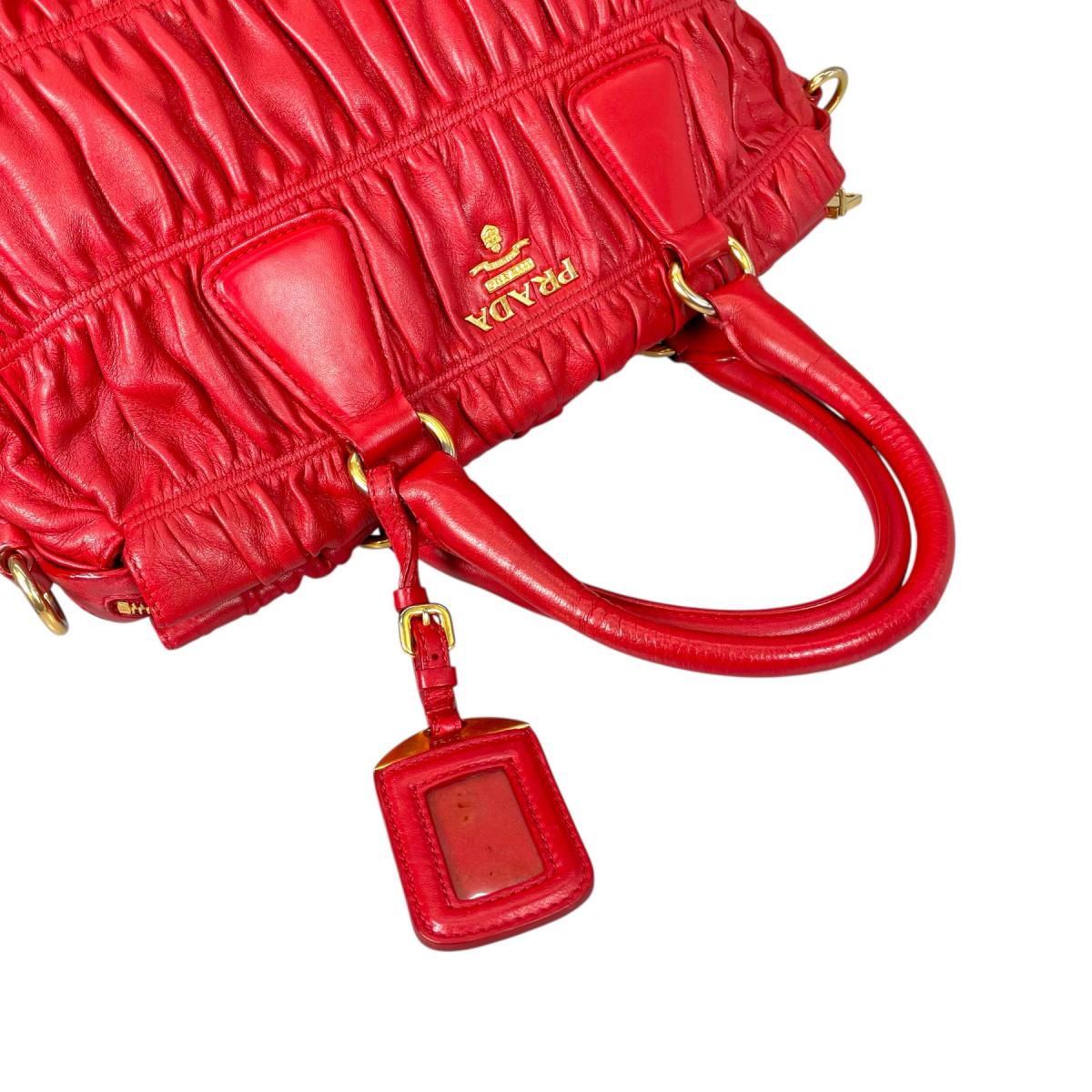 プラダ B2588L トートバッグ レッド PRADA ナッパ ゴーフル ギャザー