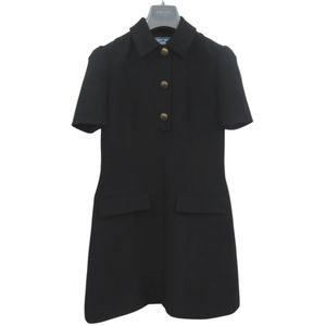 Like New Prada Flare Fit Tricotine Mini Dress with Side Zipper P3O04 Wool Silk Recycled Cupro Black Gold Black Dress 1434 [Pre-owned] PRADA