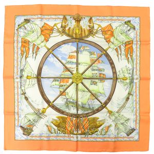 Excellent condition Hermes Carre 90 "Vive le Vent" silk scarf in orange and ivory Braun , 1811 [Pre-owned] HERMES
